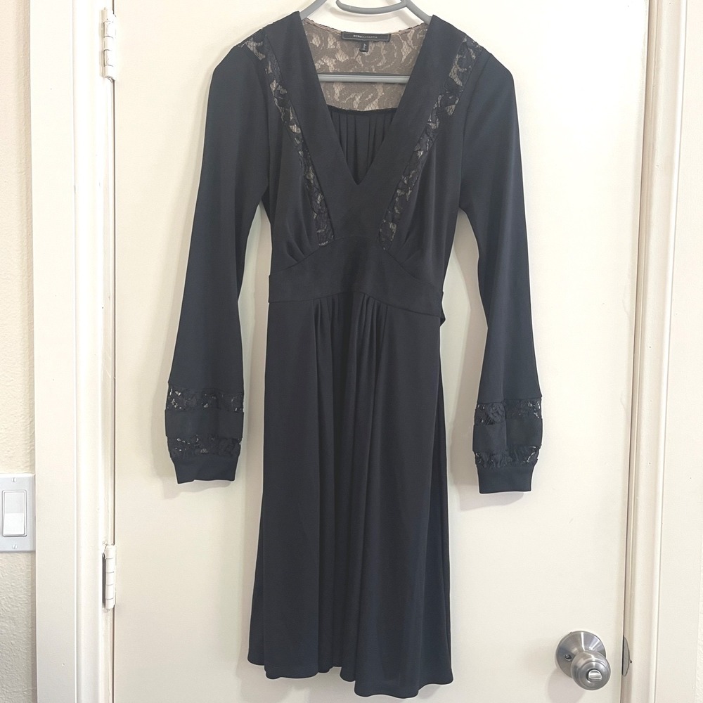 BCBG Max Azria Black Lace Trim Dress XS Long Sleeve Empire Waist Gothic Romantic